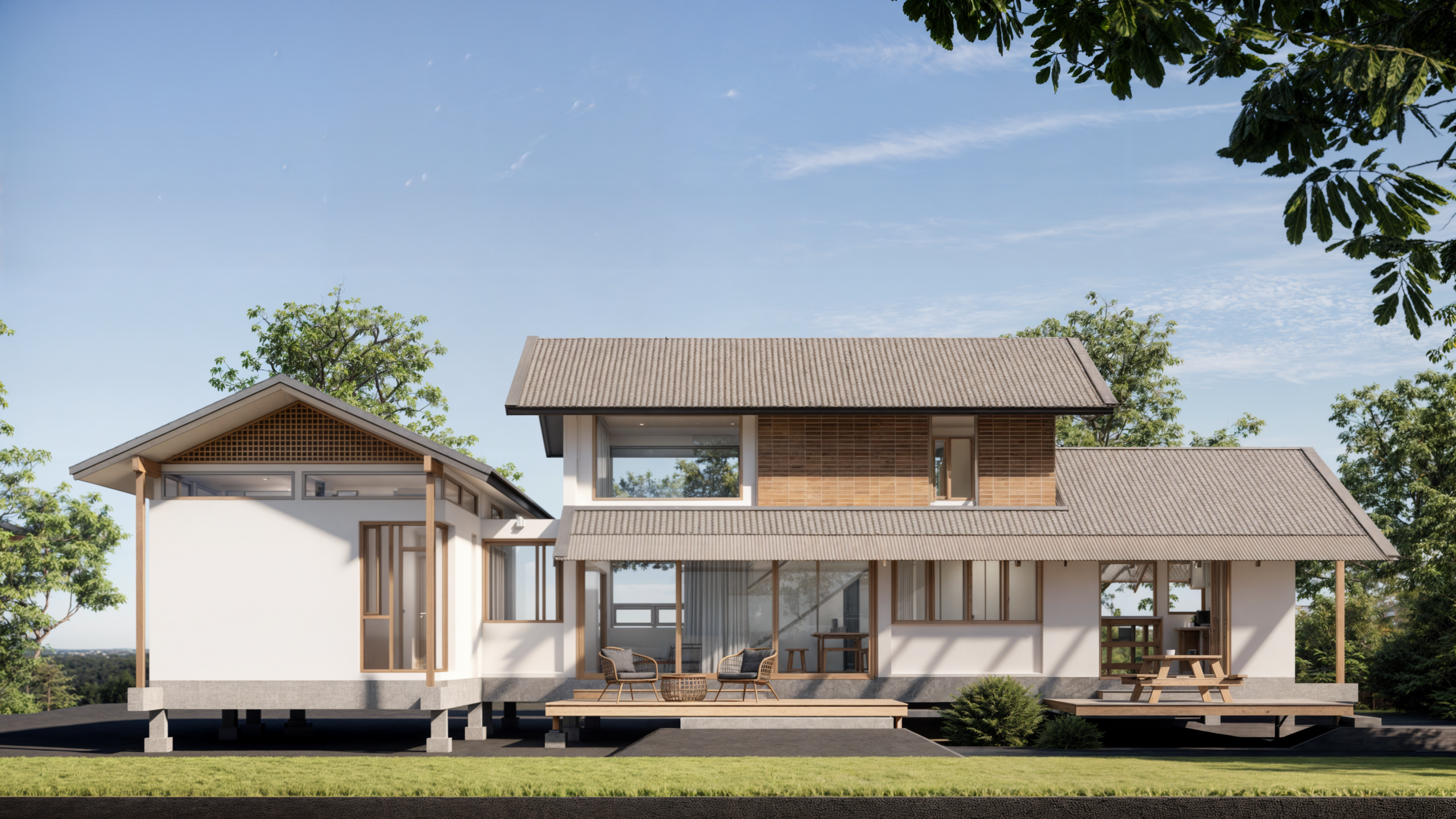 บ้านคุณเปิ้ล ปากช่อง ภาพ render มุมด้านข้าง วัสดุธรรมชาติ โดย Pratch Architects