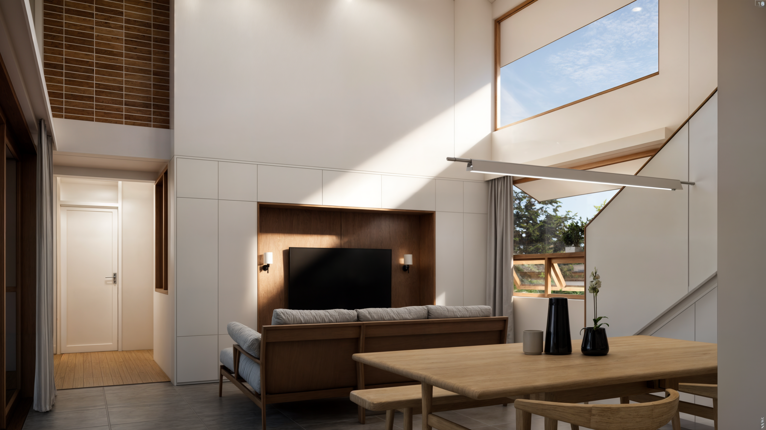 บ้านคุณเปิ้ล ปากช่อง ภาพ render ภายในบ้าน เพดานสูง double-height โดย Pratch Architects